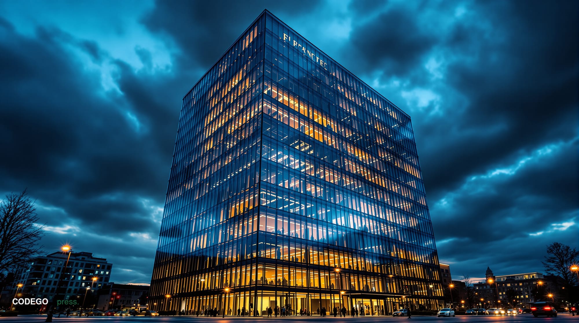 A dramatic photorealistic editorial photograph of the European Central Bank headquarters in Frankfurt at dusk, with the disti