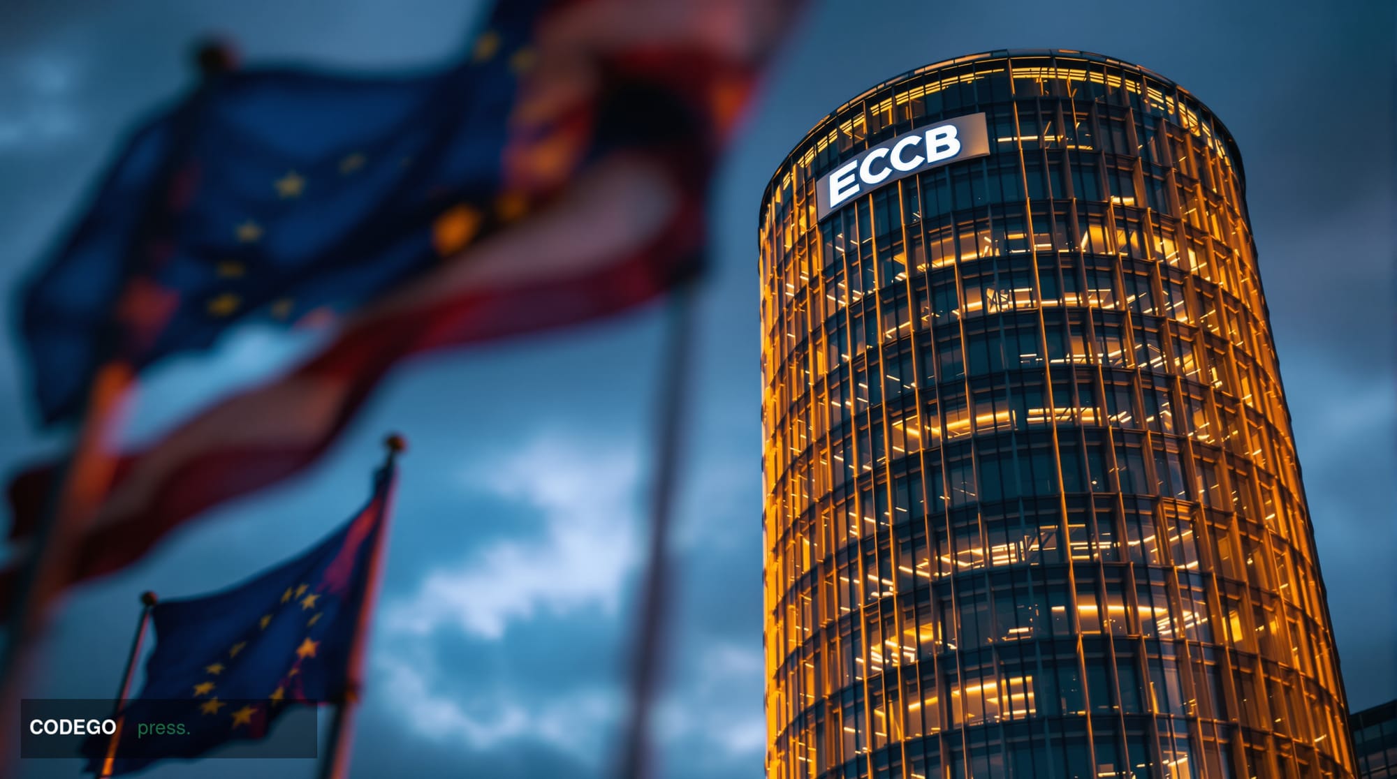 A photorealistic editorial photograph of the European Central Bank headquarters in Frankfurt, Germany, captured during golden