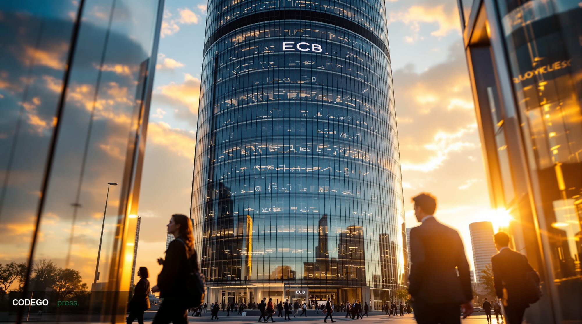 A dramatic photorealistic editorial photograph of the European Central Bank headquarters in Frankfurt, Germany, captured duri