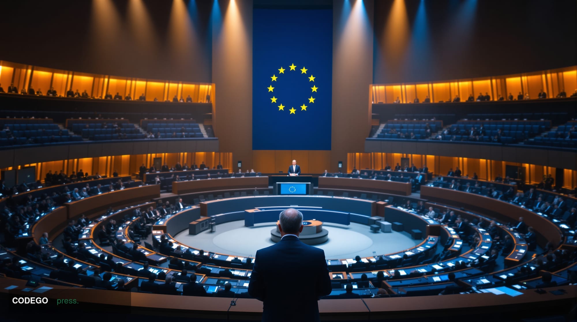 A photorealistic editorial photograph capturing the formal presentation of the ECB Annual Report to the European Parliament. 