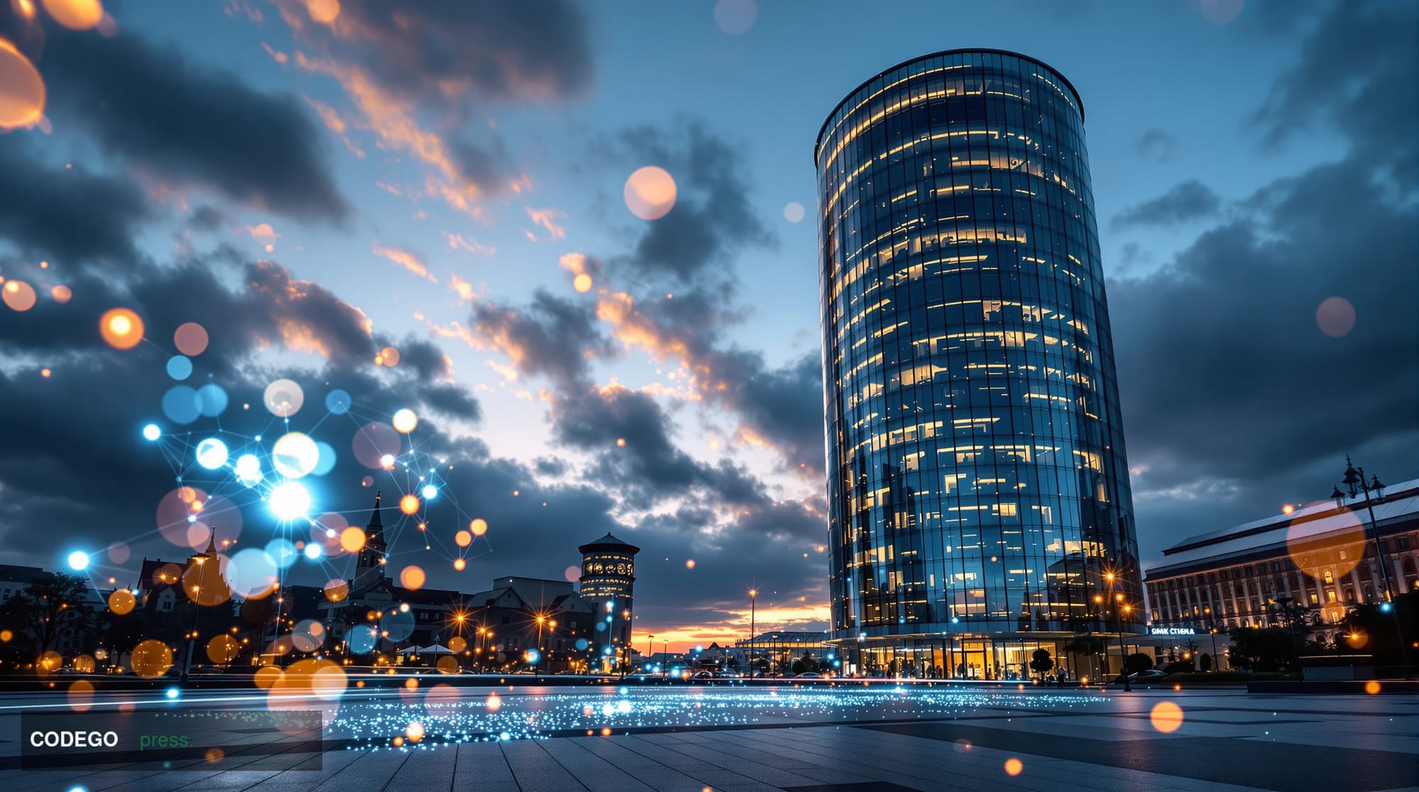 A dramatic photorealistic editorial photograph of the European Central Bank headquarters in Frankfurt am Main, Germany, captu
