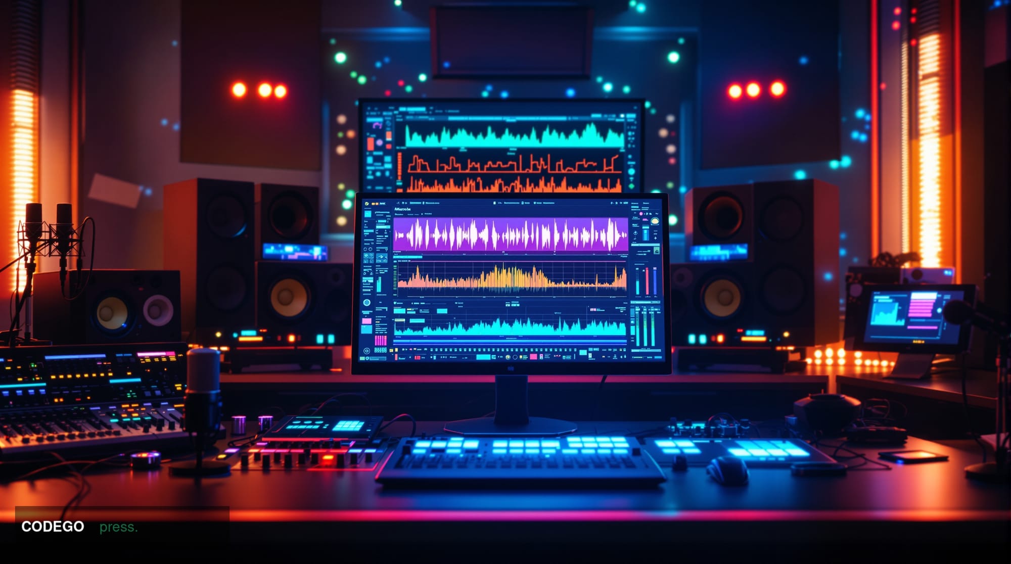 A cinematic editorial photograph showcasing the convergence of artificial intelligence and music creation. The scene features
