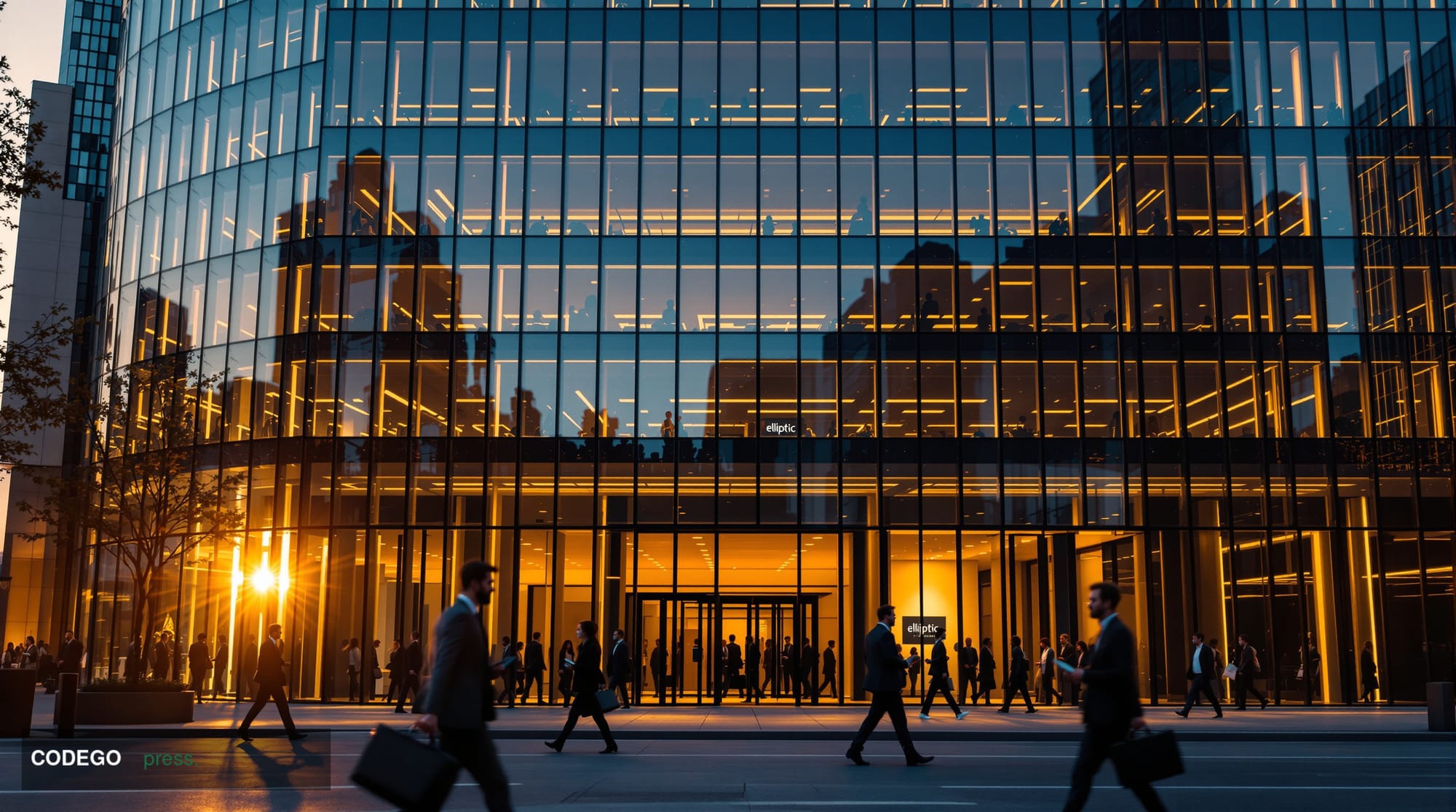 A photorealistic editorial photograph of Elliptic's London headquarters building exterior, captured during golden hour with d