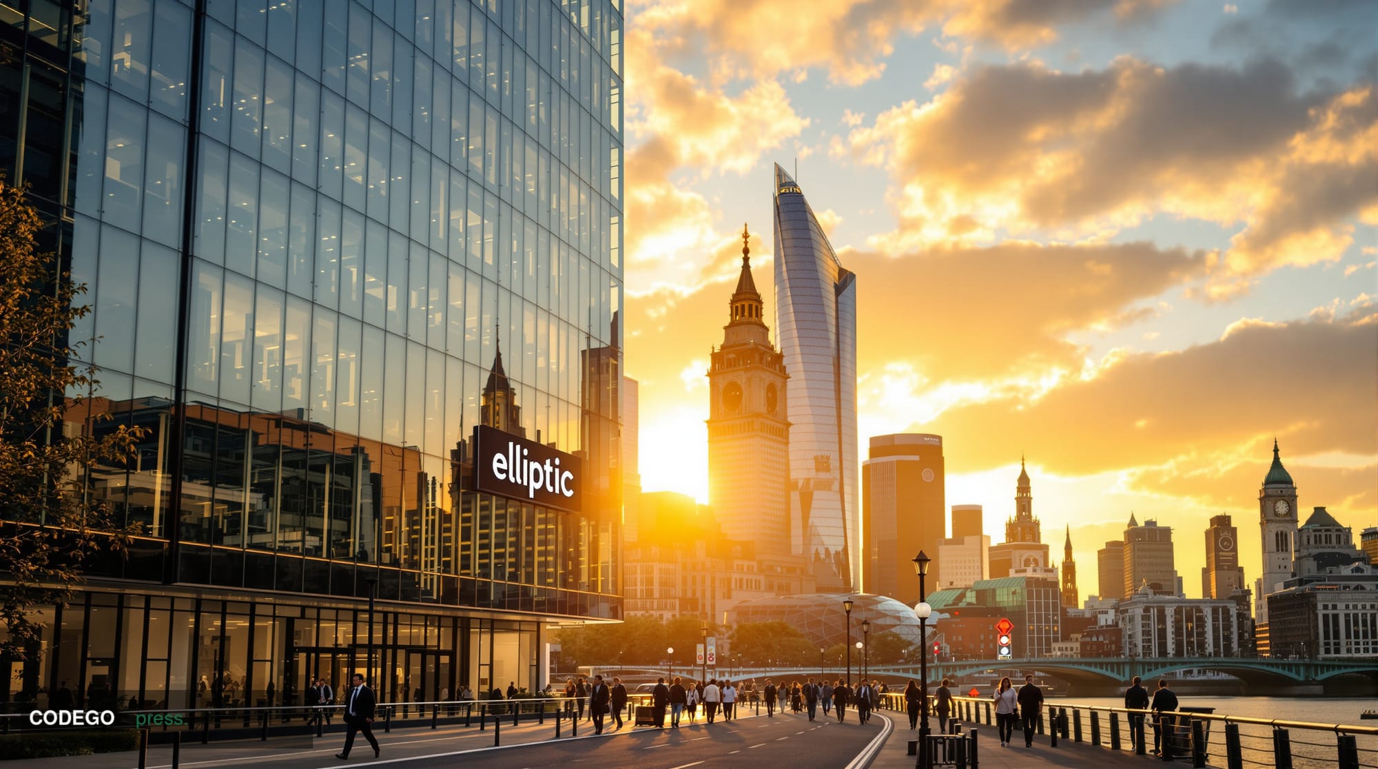 A cinematic editorial photograph showcasing London's financial district with Elliptic's headquarters building prominently fea