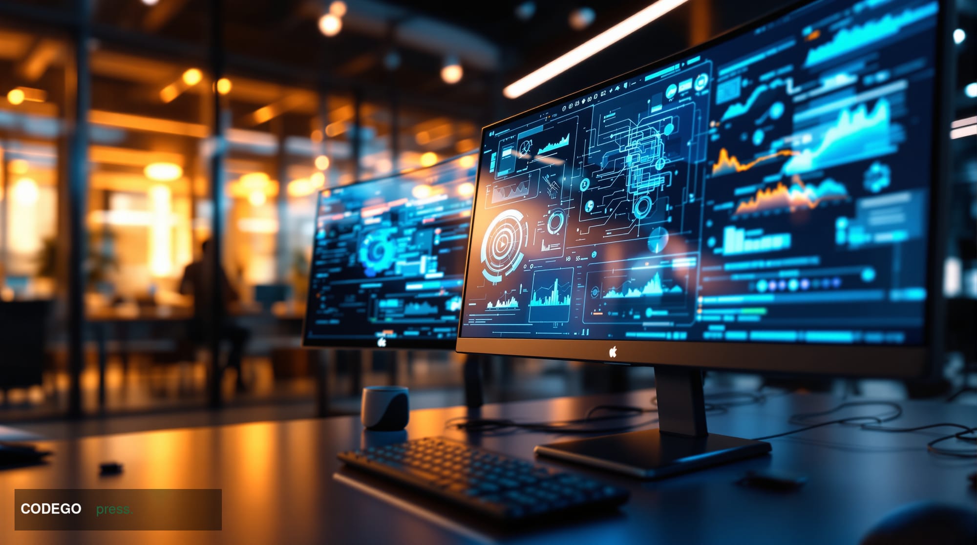 A photorealistic 8K editorial photograph showing a modern fintech office environment with multiple computer screens displayin