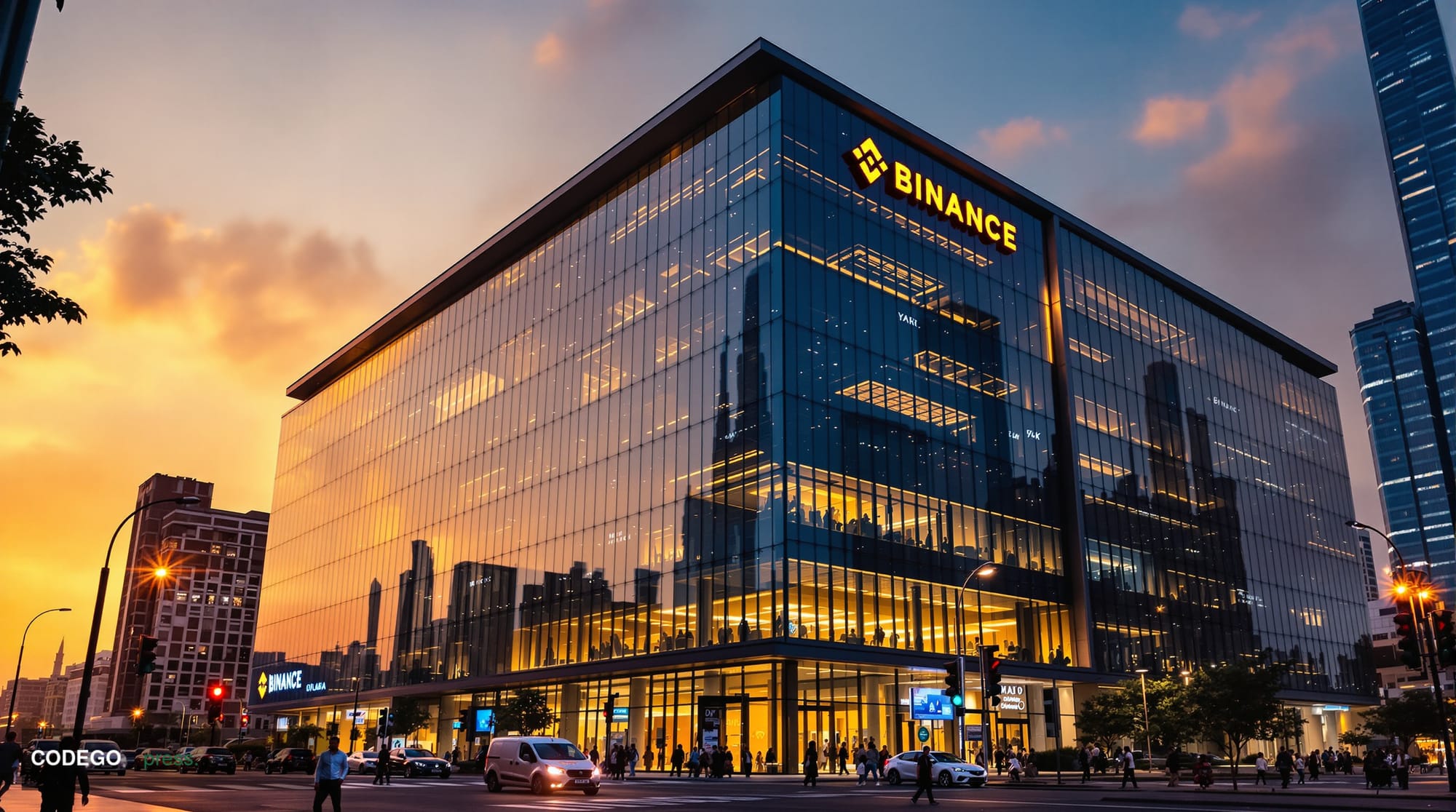 A cinematic editorial photograph showcasing Binance's global headquarters building in Dubai with its distinctive modern archi
