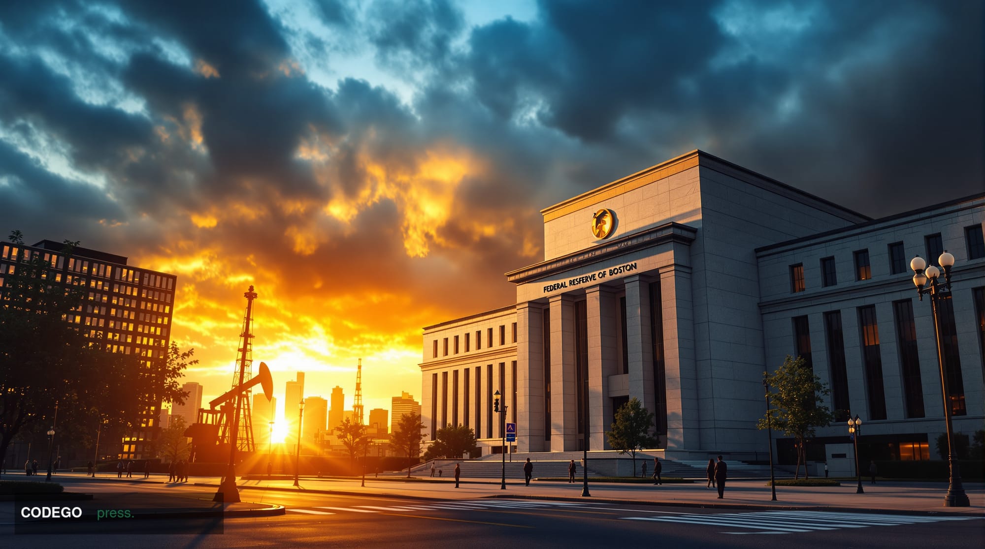A dramatic photorealistic editorial photograph showing the imposing Federal Reserve Bank of Boston building exterior on Summe