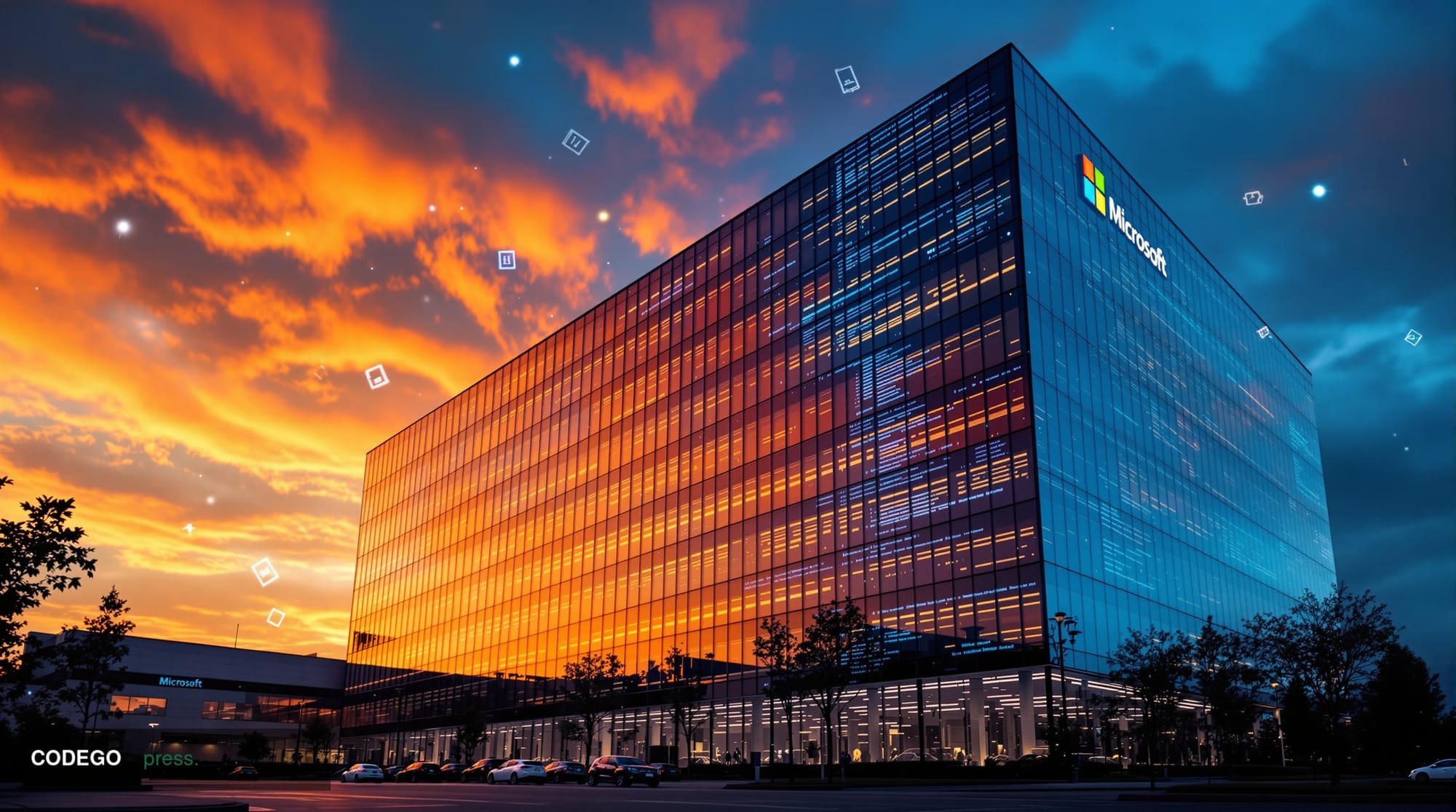 A cinematic editorial photograph capturing the intersection of corporate technology and financial pressure. The scene shows t
