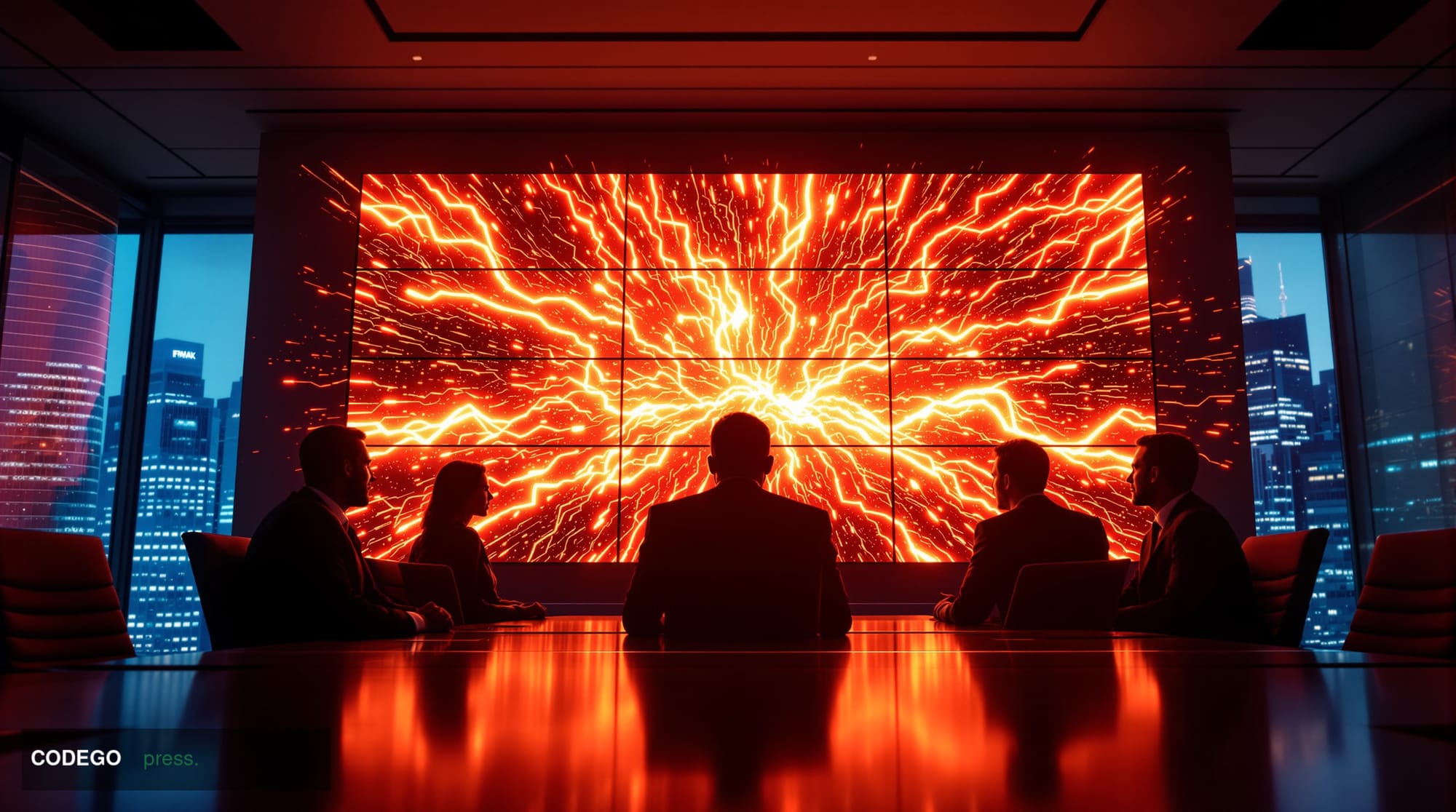 A dramatic corporate boardroom scene viewed from a low angle, featuring a massive wall-mounted dashboard displaying chaotic A