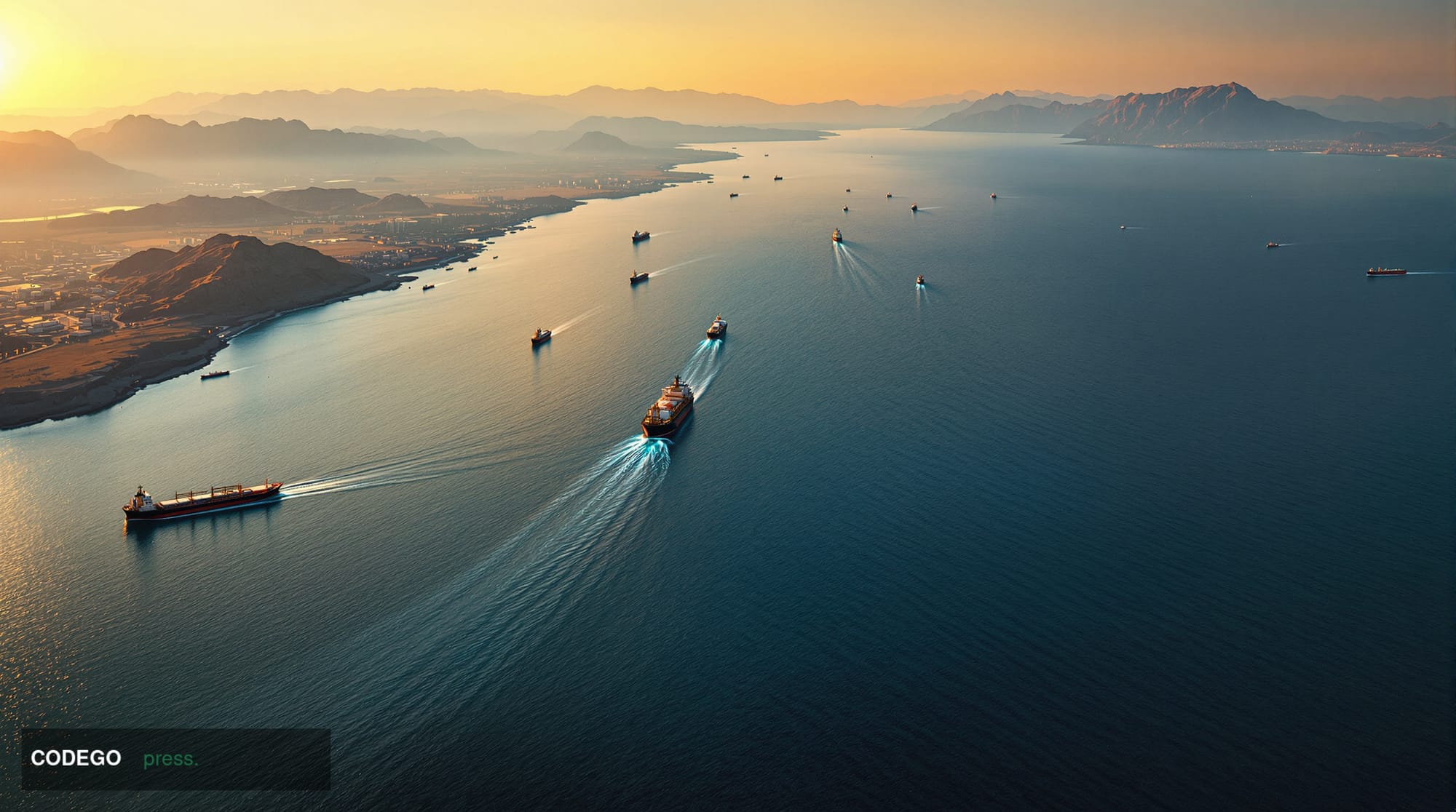 Photorealistic aerial view of the Strait of Hormuz at golden hour, showing the narrow waterway between Iran and Oman with oil