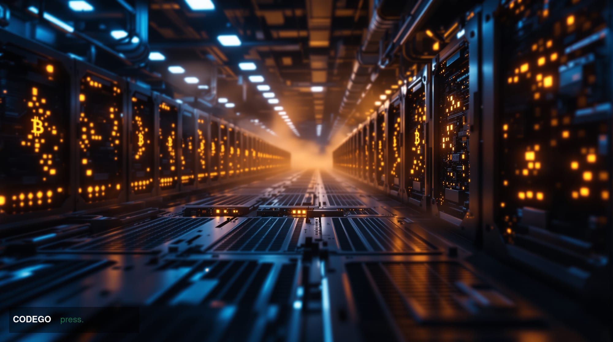 A dramatic cinematic photograph of a large-scale Bitcoin mining facility interior, showcasing rows of ASIC miners with their 