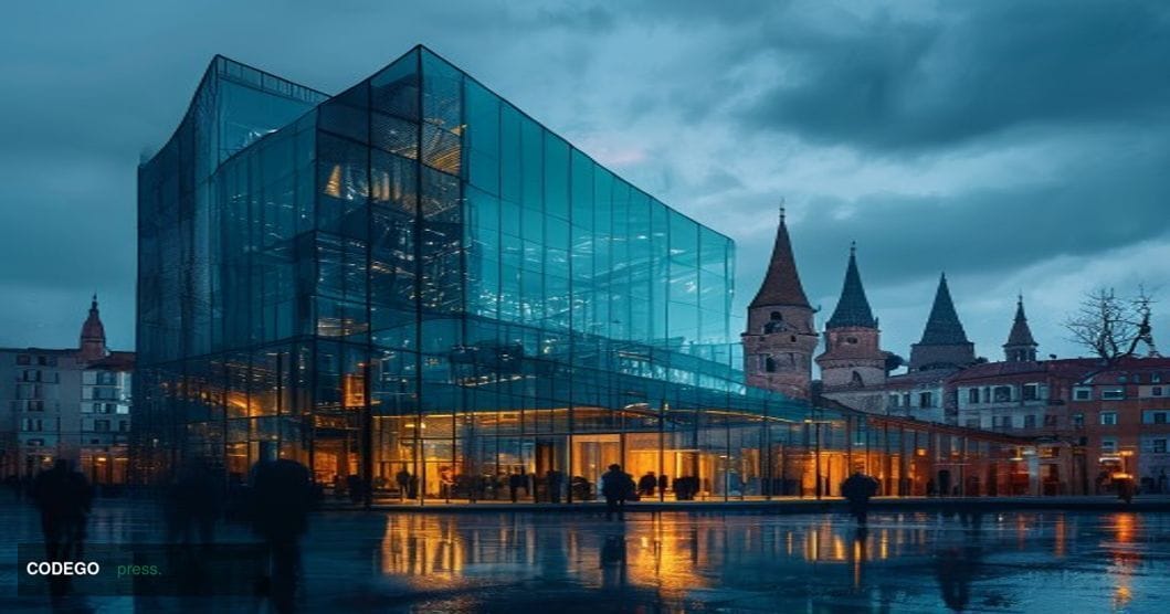 A dramatic photorealistic editorial photograph showing the modern glass facade of Estonia's Financial Intelligence Unit build
