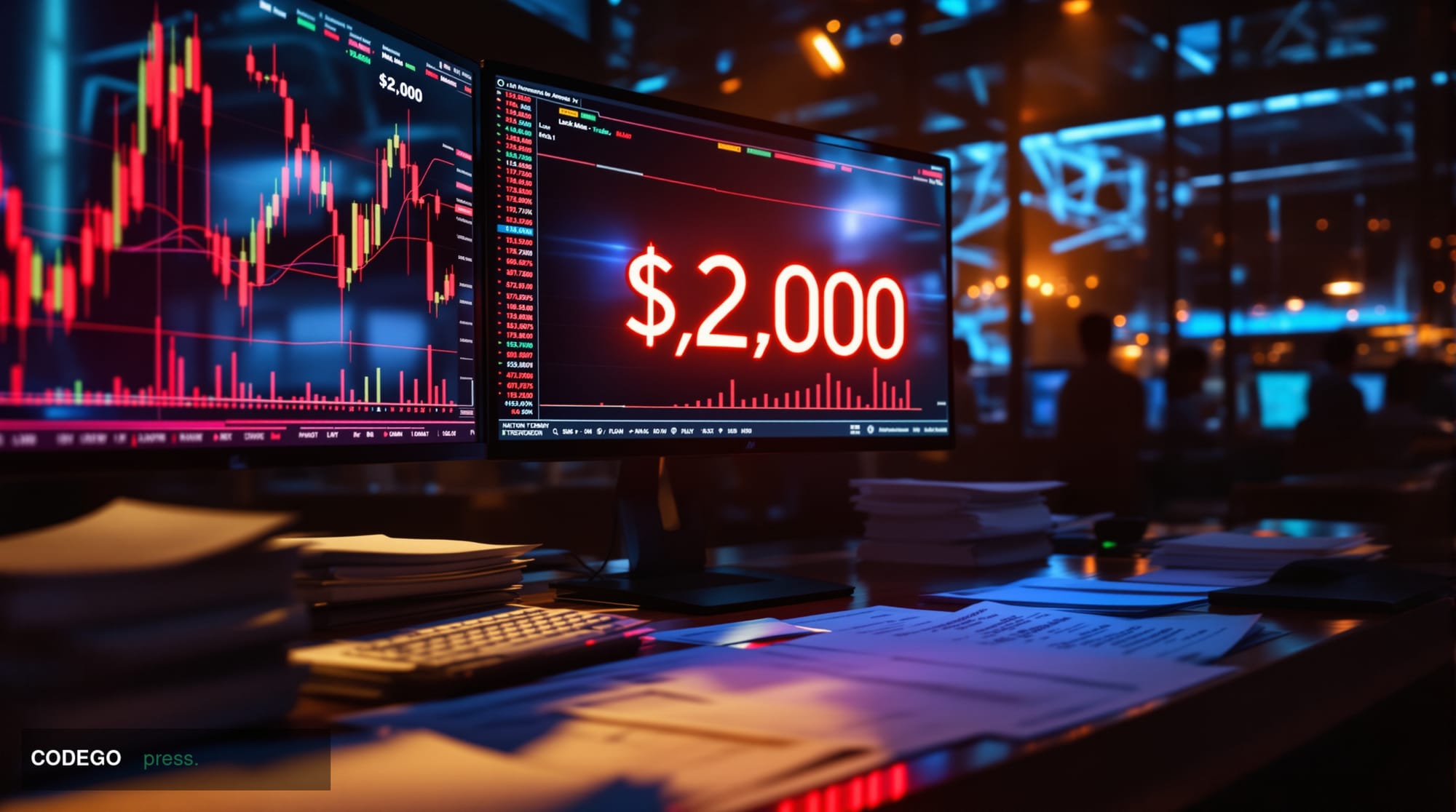 A dramatic photorealistic editorial photograph capturing the tension of cryptocurrency trading at a critical moment. The scen