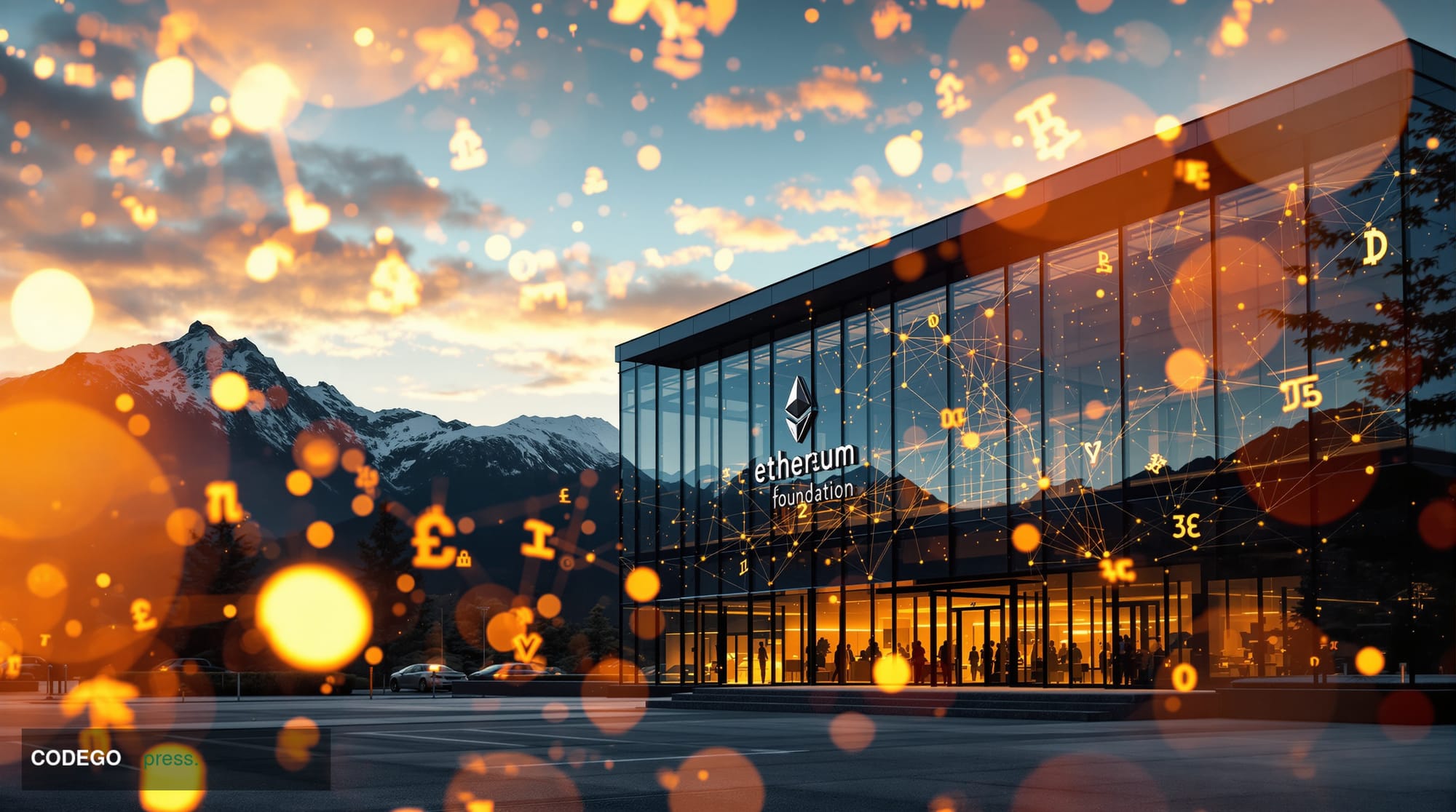 A cinematic editorial photograph showcasing the Ethereum Foundation's headquarters building in Zug, Switzerland, with the dis