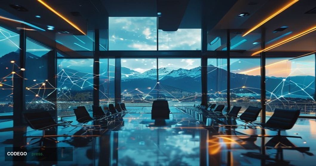 A cinematic editorial photograph of the Ethereum Foundation's headquarters in Zug, Switzerland, with the distinctive Swiss Al