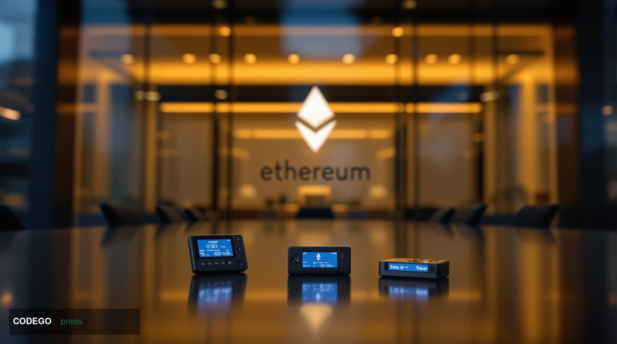 A cinematic editorial photograph showing the Ethereum Foundation headquarters in Switzerland with dramatic chiaroscuro lighti
