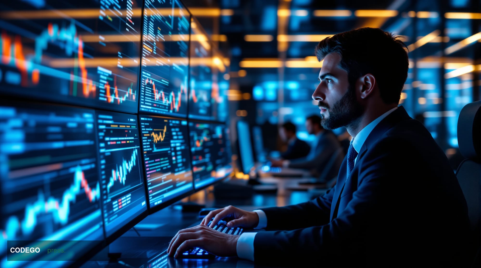 A cinematic editorial photograph capturing the Ethereum ecosystem's institutional trading environment. The scene shows a mode