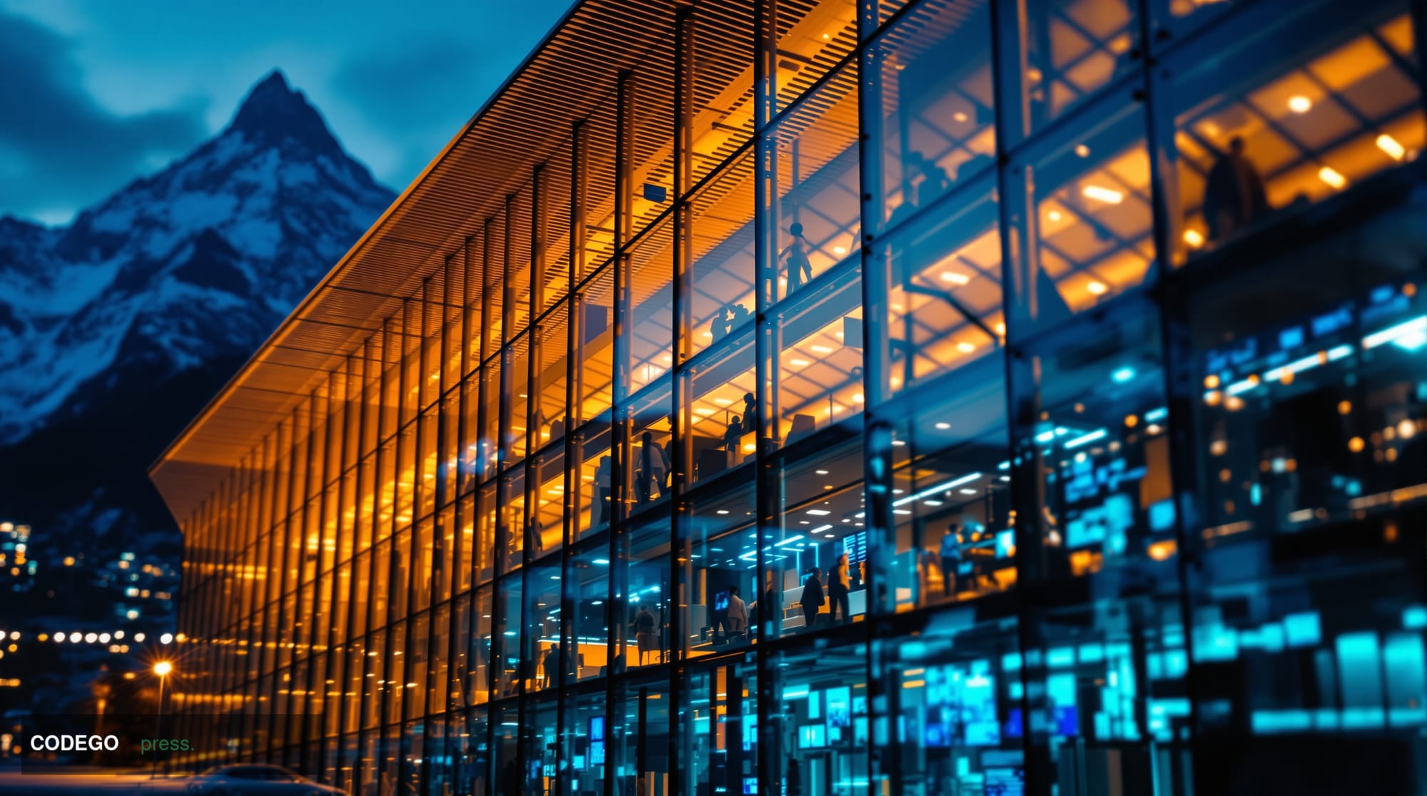 A cinematic editorial photograph showing the Ethereum Foundation's headquarters or a major cryptocurrency exchange office in 