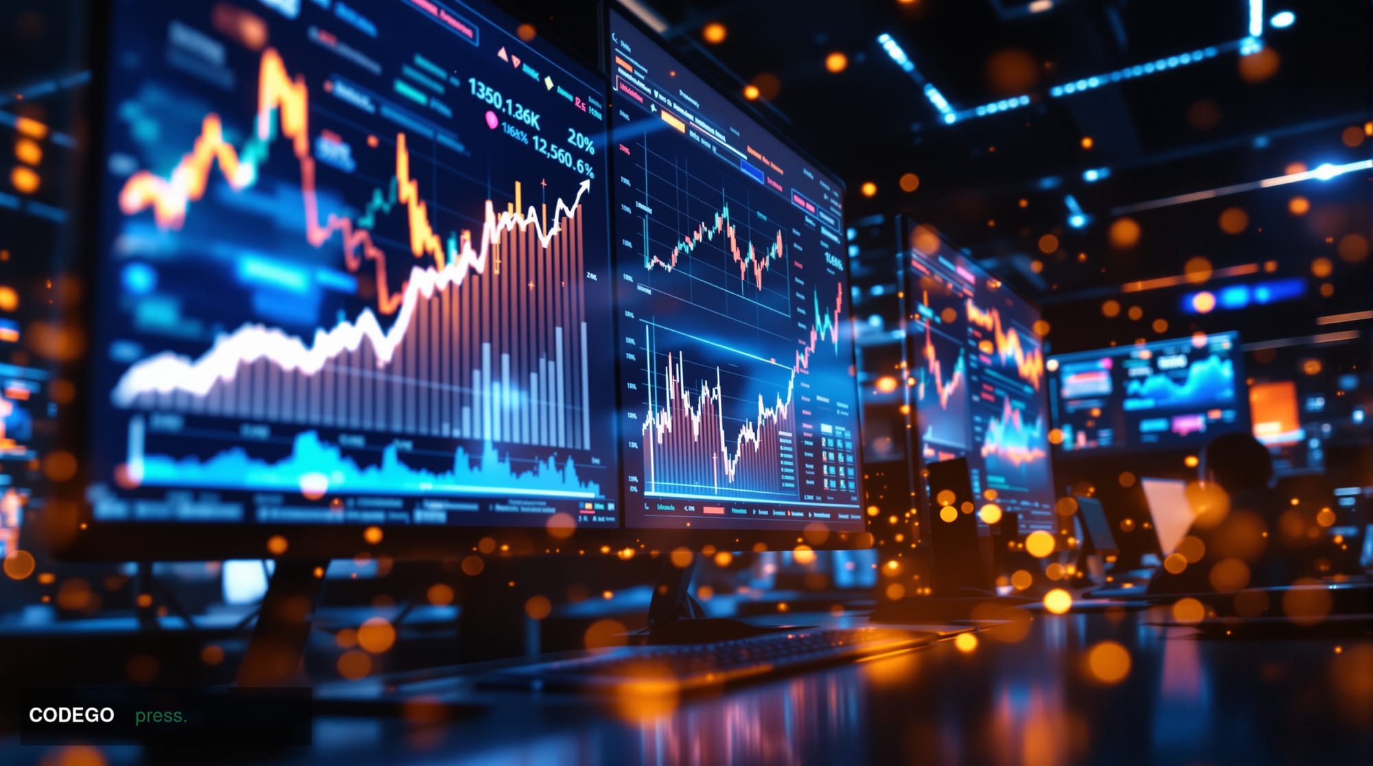 A cinematic editorial photograph of a modern trading floor or financial data center with multiple large monitors displaying E
