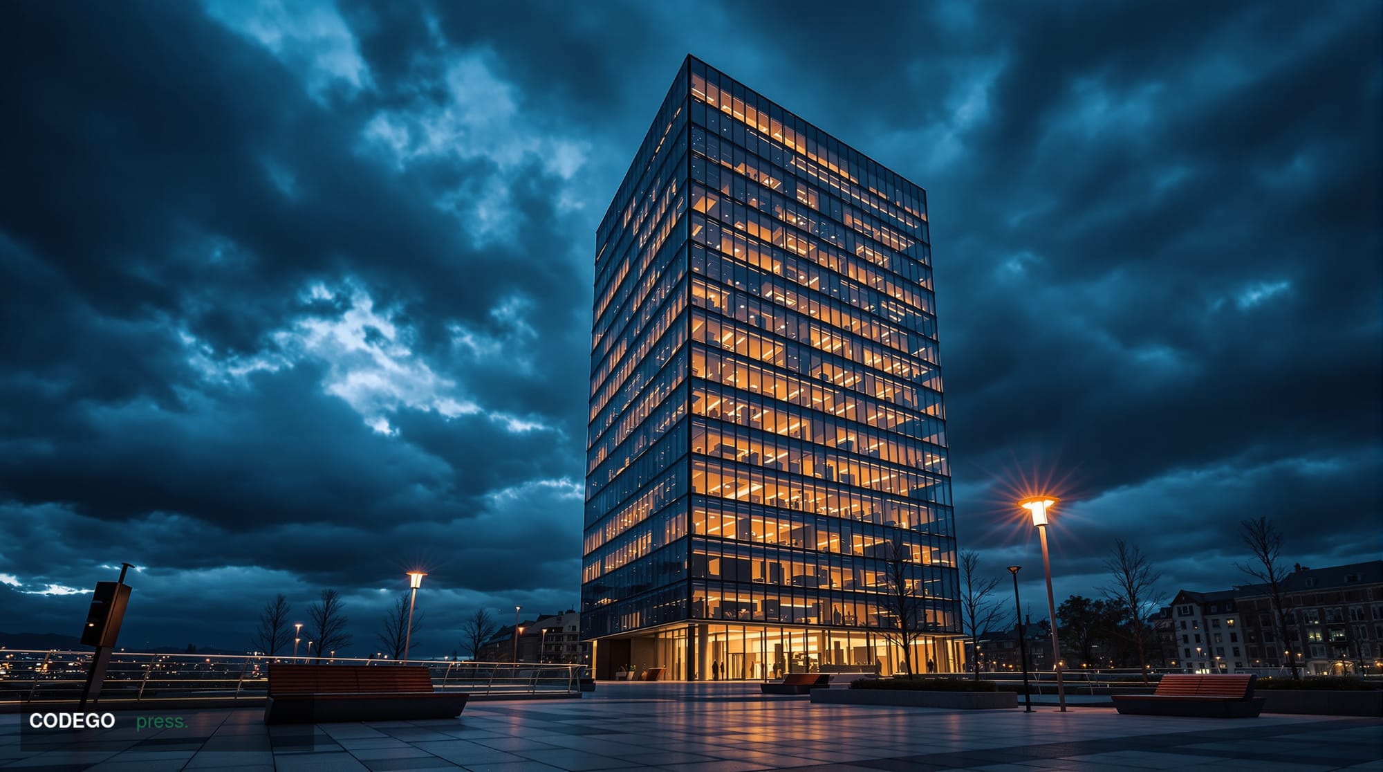 A cinematic editorial photograph showing the illuminated Ethereum Foundation headquarters building in Zug, Switzerland at dus