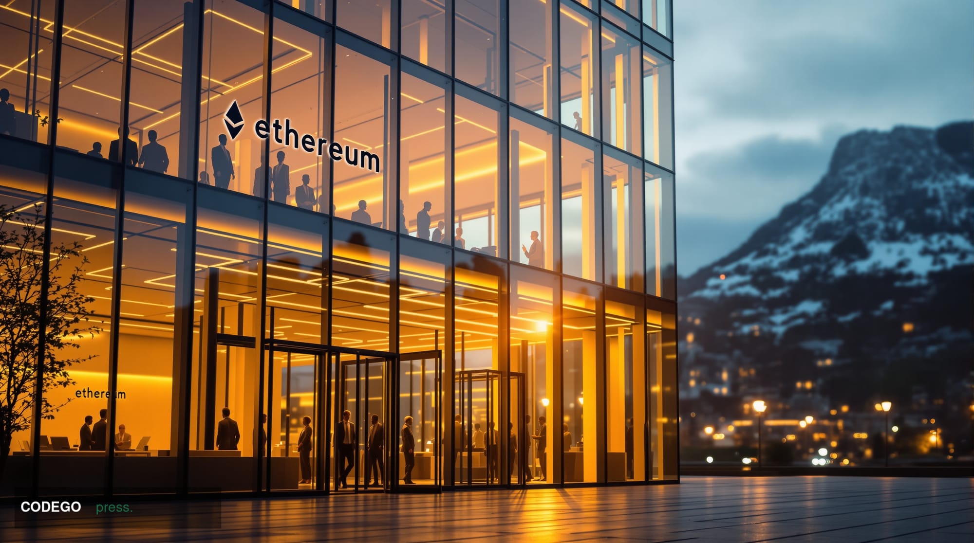 A dramatic photorealistic editorial photograph of the Ethereum Foundation's headquarters or a prominent blockchain technology