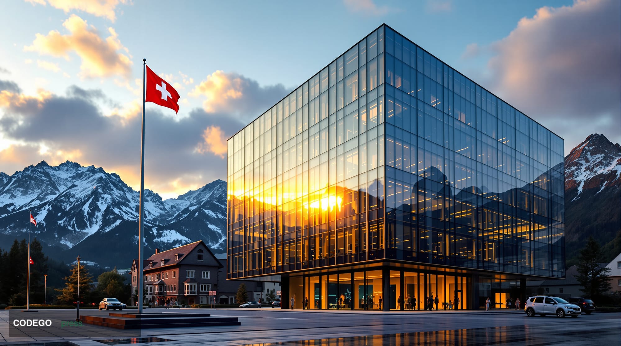 A photorealistic editorial photograph showing the modern glass-and-steel headquarters building of the <a href="https://ethere