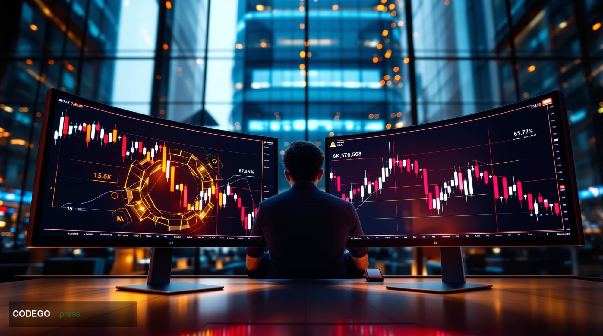 A cinematic editorial photograph showing the stark contrast between Ethereum and Bitcoin performance through a modern trading