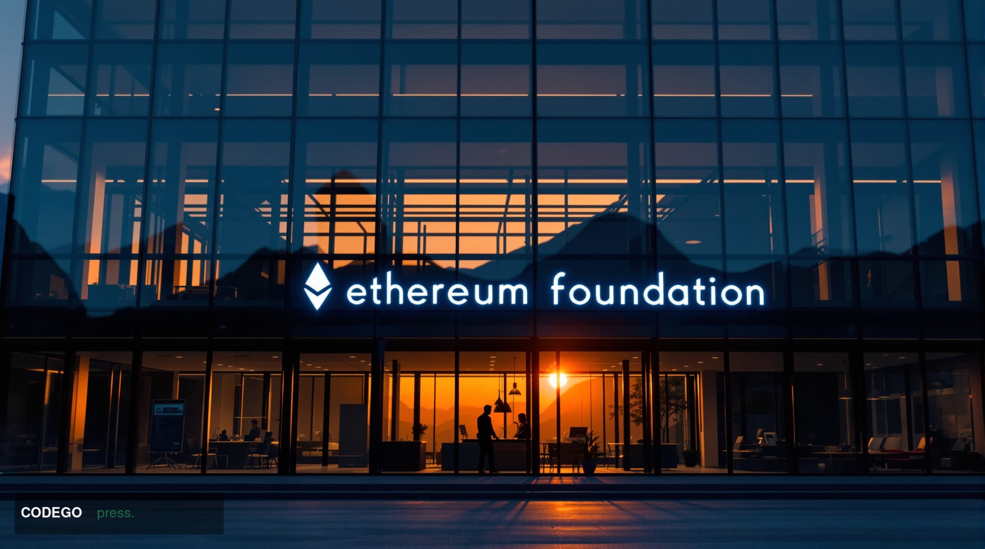 A cinematic editorial photograph showing the Ethereum Foundation's headquarters in Zug, Switzerland, captured during the gold