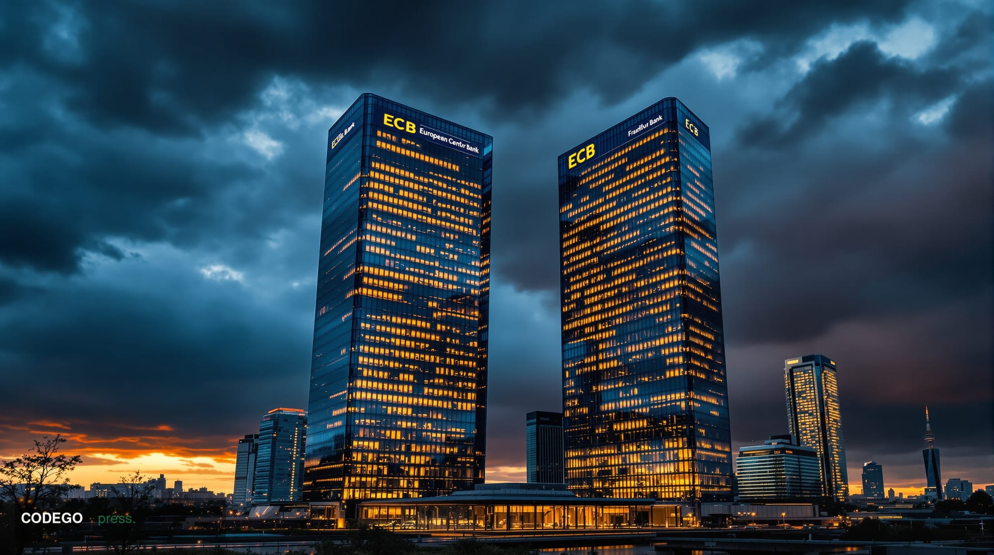 A cinematic editorial photograph showing the European Central Bank headquarters in Frankfurt, Germany, with its distinctive t