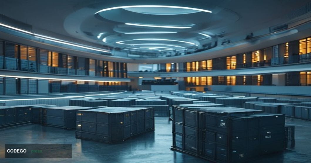 # Image Prompt

A cinematic wide-angle shot of a modern European parliament chamber or EU regulatory headquarters, captured f