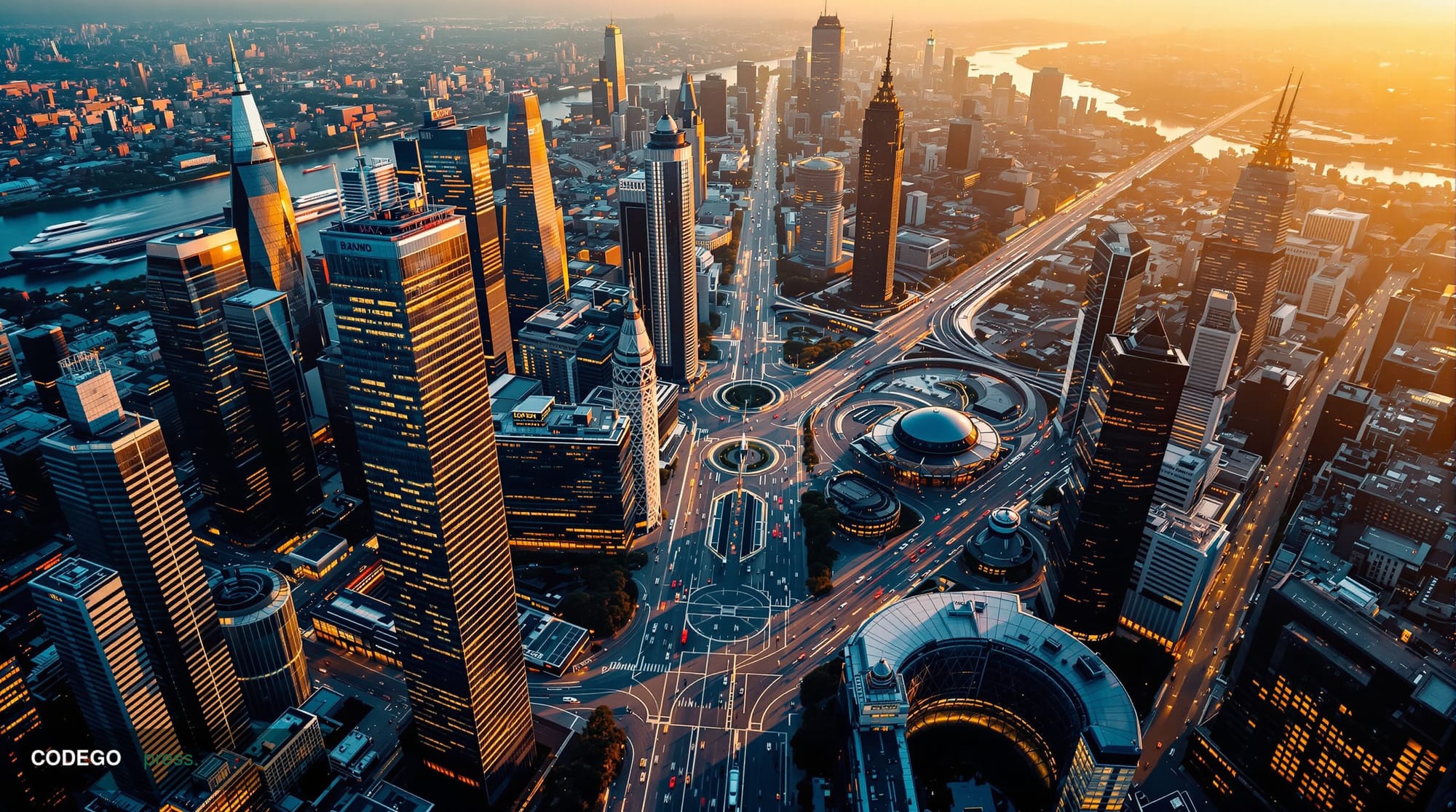 A sweeping cinematic aerial photograph capturing the interconnected nature of Europe's major fintech hubs, featuring a compos