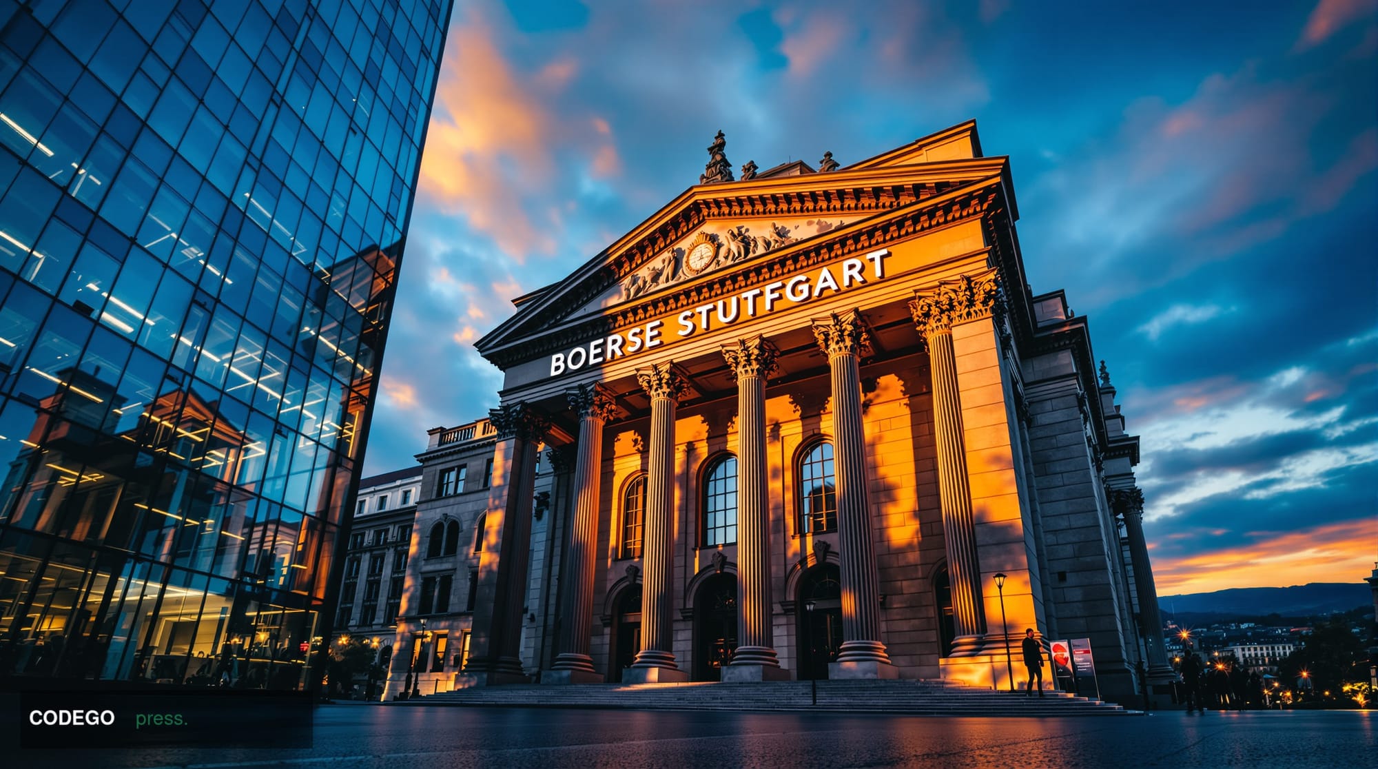 A dramatic wide-angle photograph of the iconic Boerse Stuttgart building (Stuttgart Stock Exchange) in Germany at golden hour
