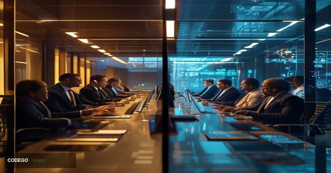 A dramatic split-screen composition showing the stark contrast between executive confidence and employee reality in AI readin