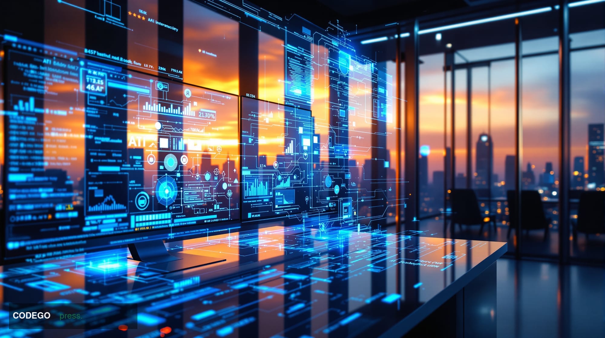 A photorealistic editorial photograph showcasing the intersection of AI and cryptocurrency technology in a modern tech enviro