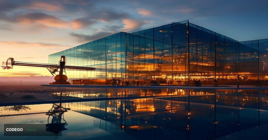 A dramatic photorealistic editorial photograph showcasing ExxonMobil's corporate headquarters in Irving, Texas, captured duri