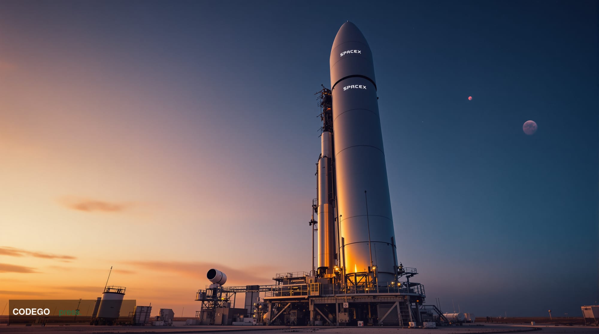 A cinematic editorial photograph showing SpaceX's Starship rocket on the launch pad at Starbase, Texas, with Mars visible as 