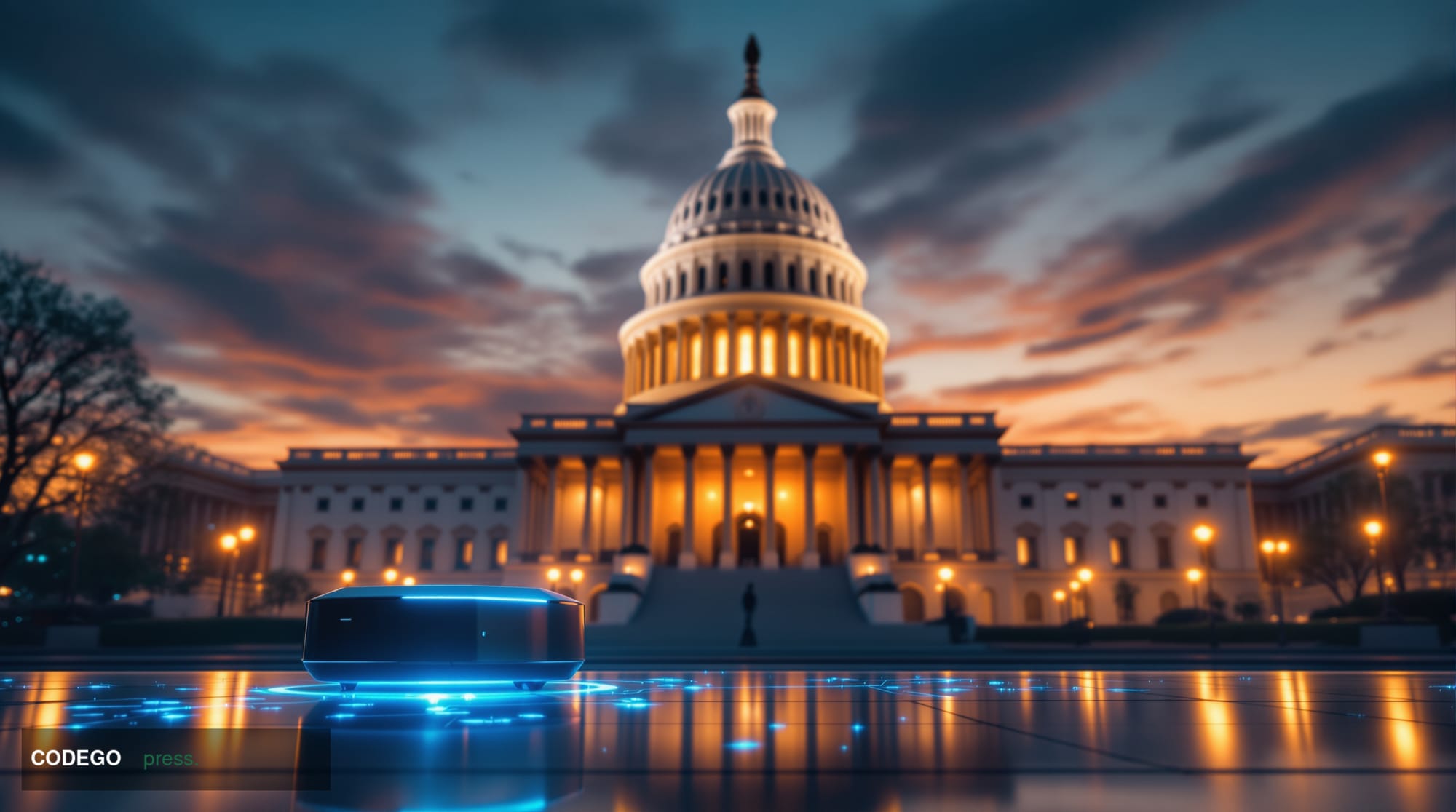 A dramatic photorealistic editorial photograph of the United States Capitol building at dusk, shot from a low angle with the 
