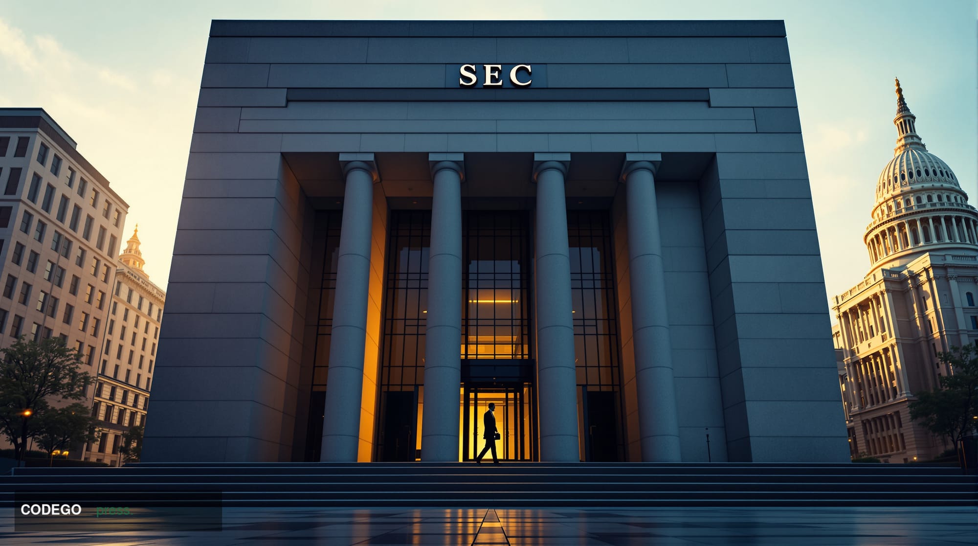 A photorealistic editorial photograph showing the imposing facade of the SEC headquarters building in Washington DC, captured