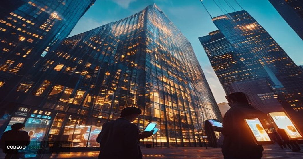 A dramatic photorealistic editorial photograph showing the exterior of the Depository Trust & Clearing Corporation (DTCC) hea