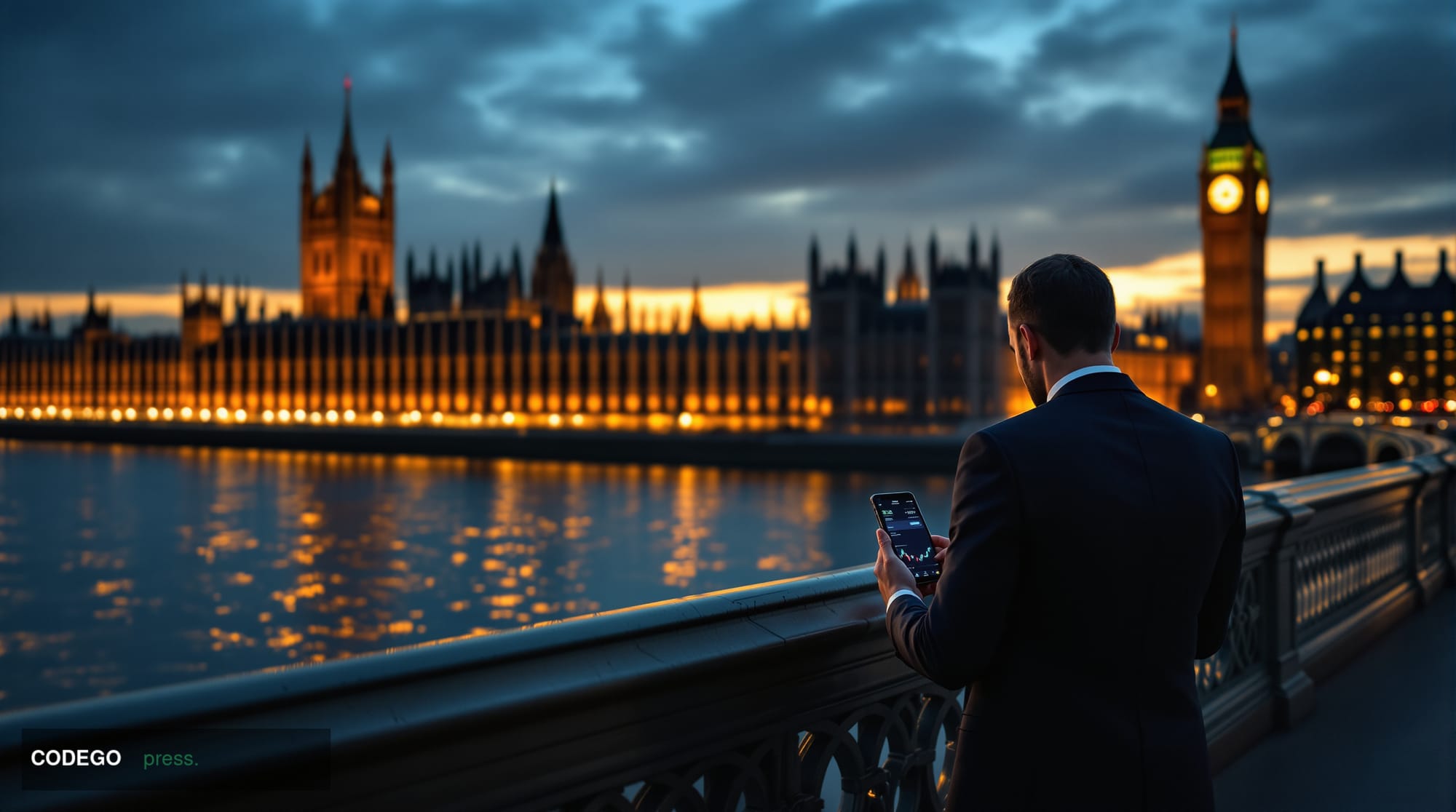 A cinematic editorial photograph capturing the intersection of British politics and cryptocurrency wealth. The scene shows th
