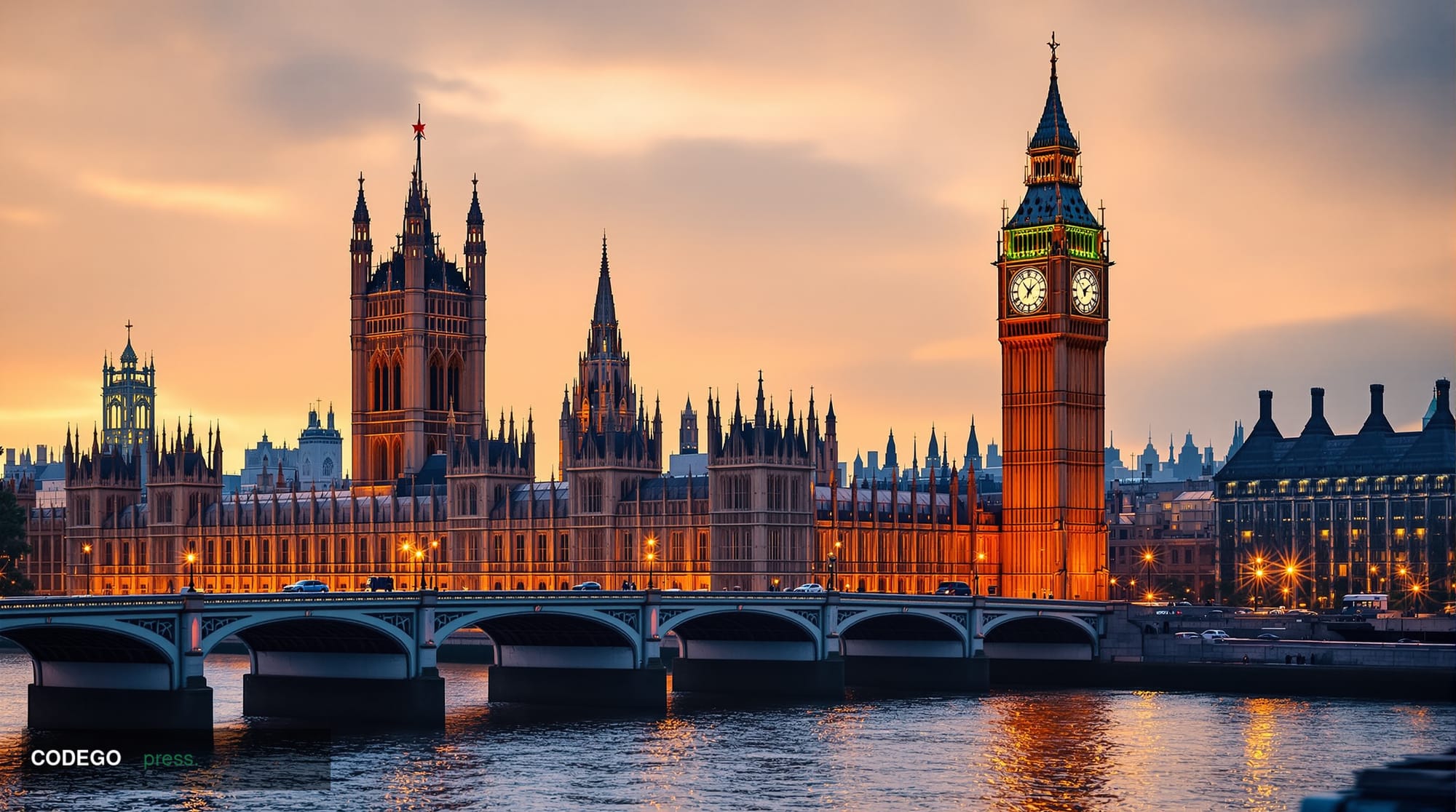 A dramatic photorealistic editorial photograph showing the iconic Gothic Revival architecture of the UK Houses of Parliament 