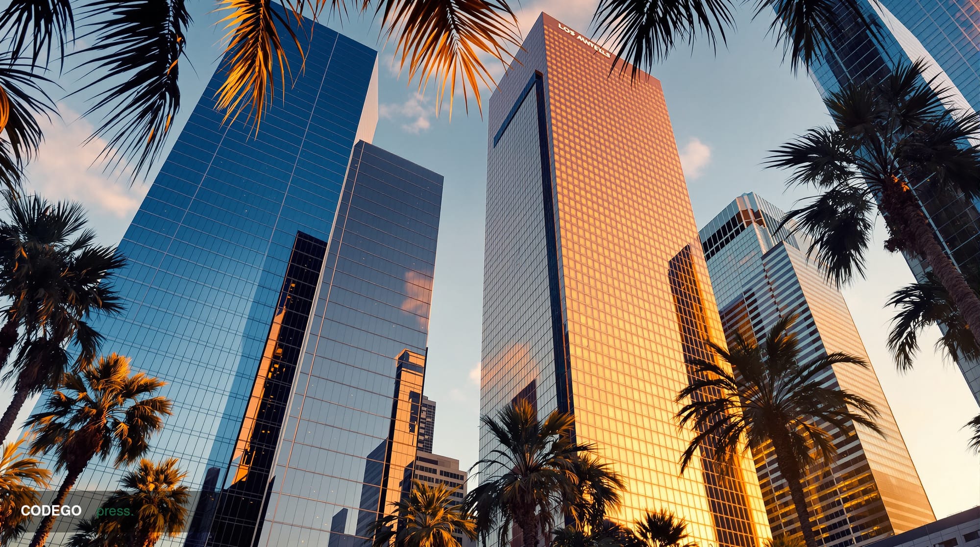 A photorealistic editorial photograph showcasing Los Angeles financial district skyline at golden hour, with the iconic downt