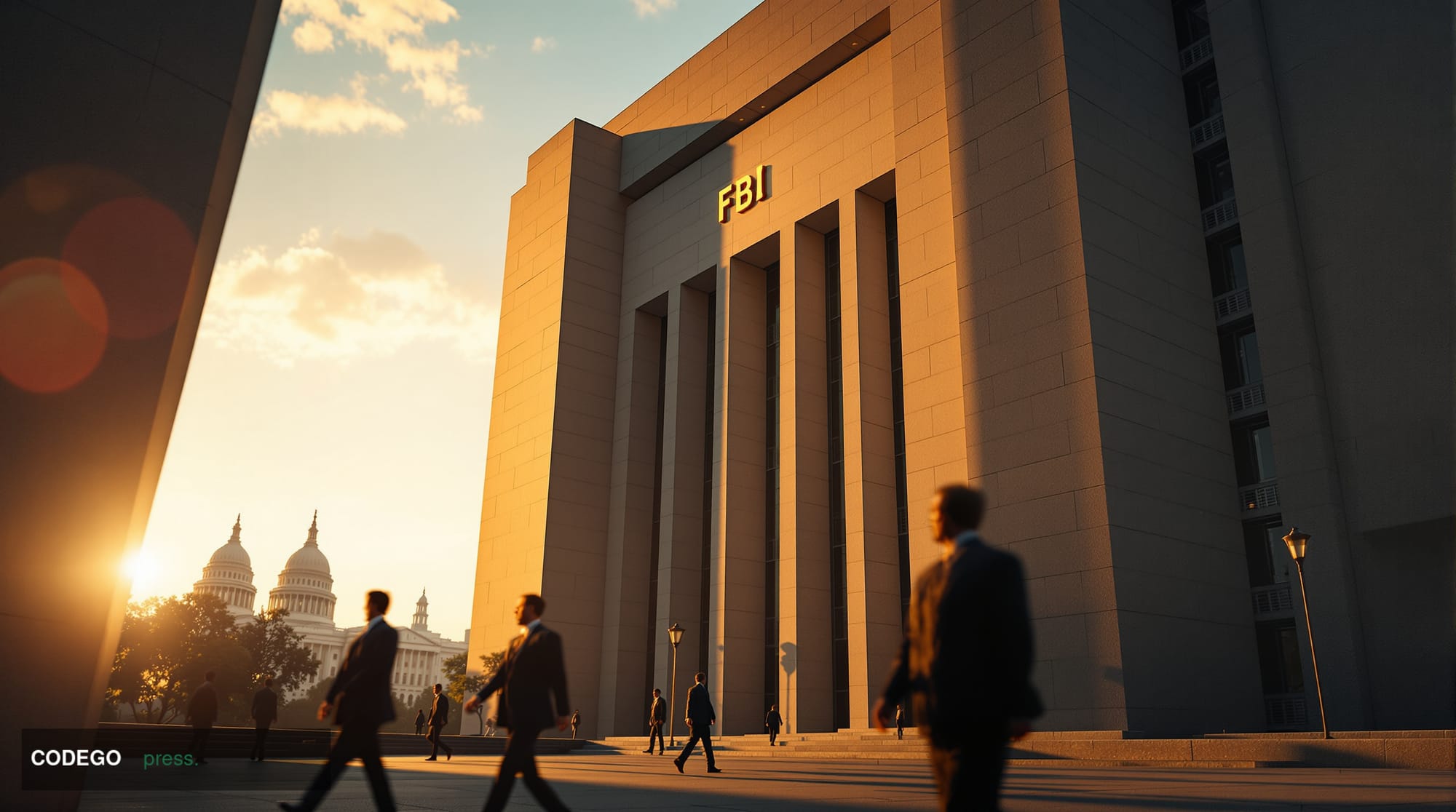 A dramatic photorealistic editorial photograph showing the FBI headquarters building in Washington D.C. captured during golde