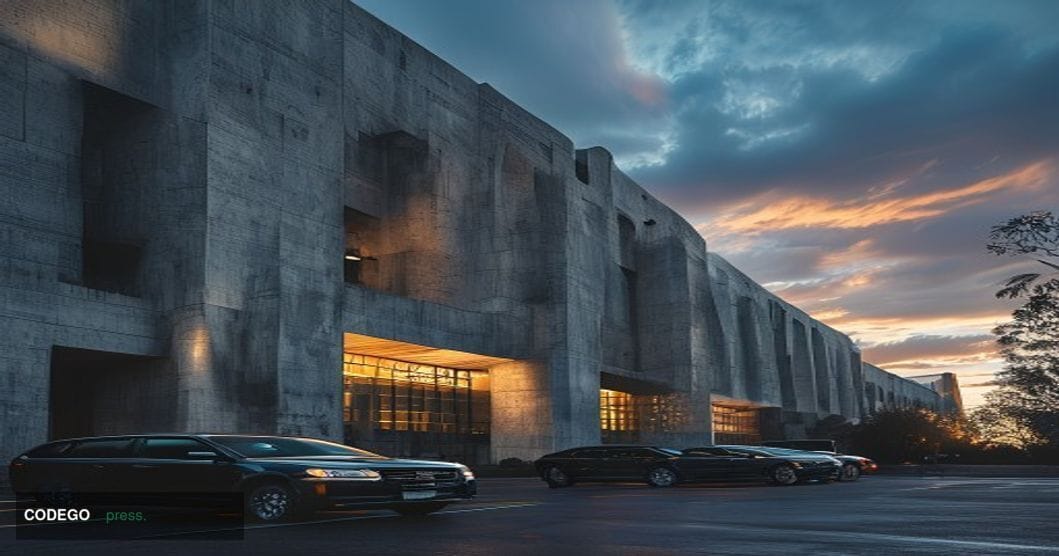 A dramatic photorealistic editorial photograph showing the FBI headquarters building in Washington D.C. at dawn, with its dis