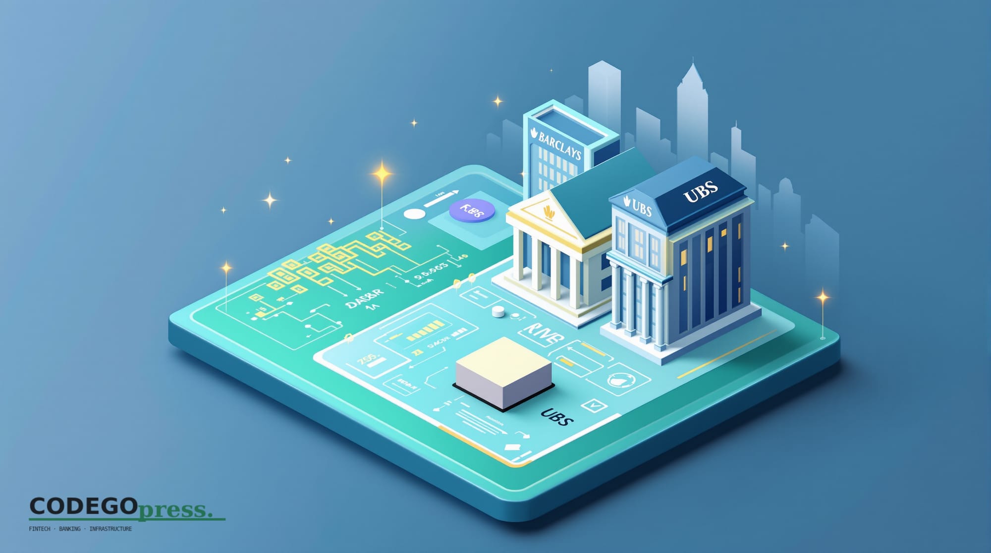 Flat 3D isometric vector illustration showing a banking terminal or compliance dashboard with visible AI model monitoring ele