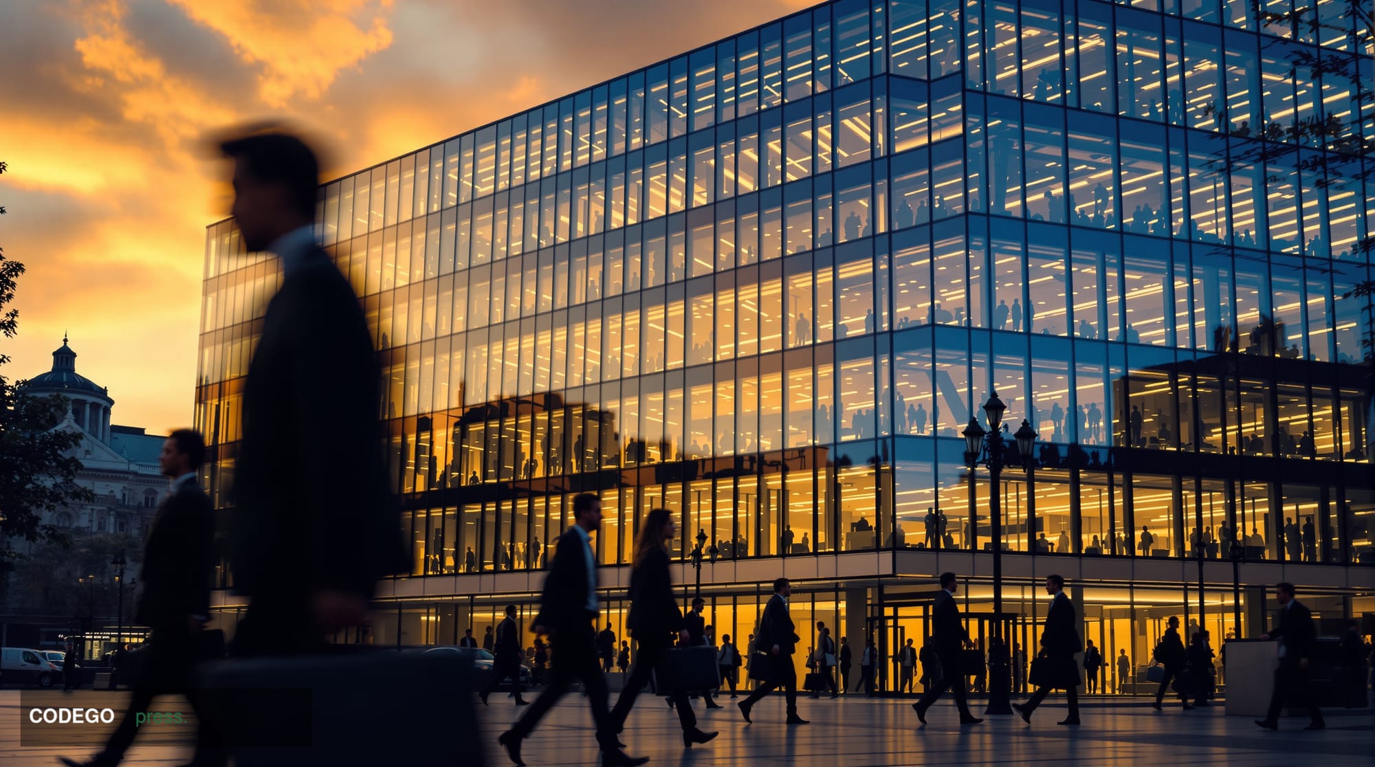 A dramatic photorealistic editorial photograph showing the imposing glass facade of the Financial Conduct Authority headquart