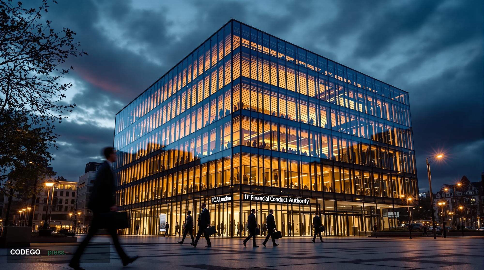 A photorealistic editorial photograph showcasing the Financial Conduct Authority's London headquarters at 12 Endeavour Square