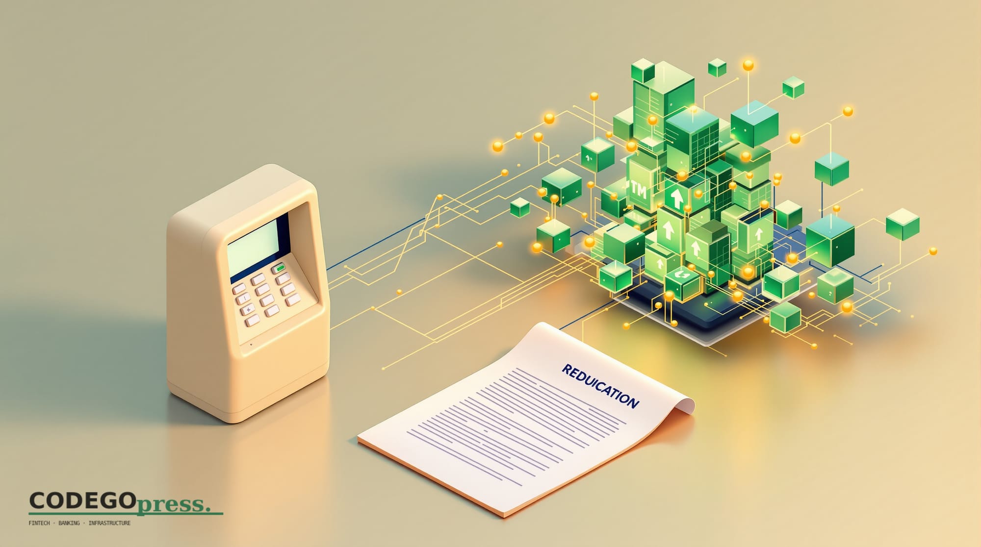 Flat 3D isometric vector editorial illustration showing a banking terminal (left side, cream-colored ATM-like device with geo