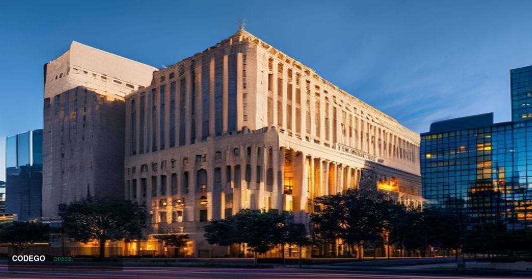 A cinematic editorial photograph capturing the Federal Reserve Bank of Kansas City's distinctive Art Deco headquarters buildi