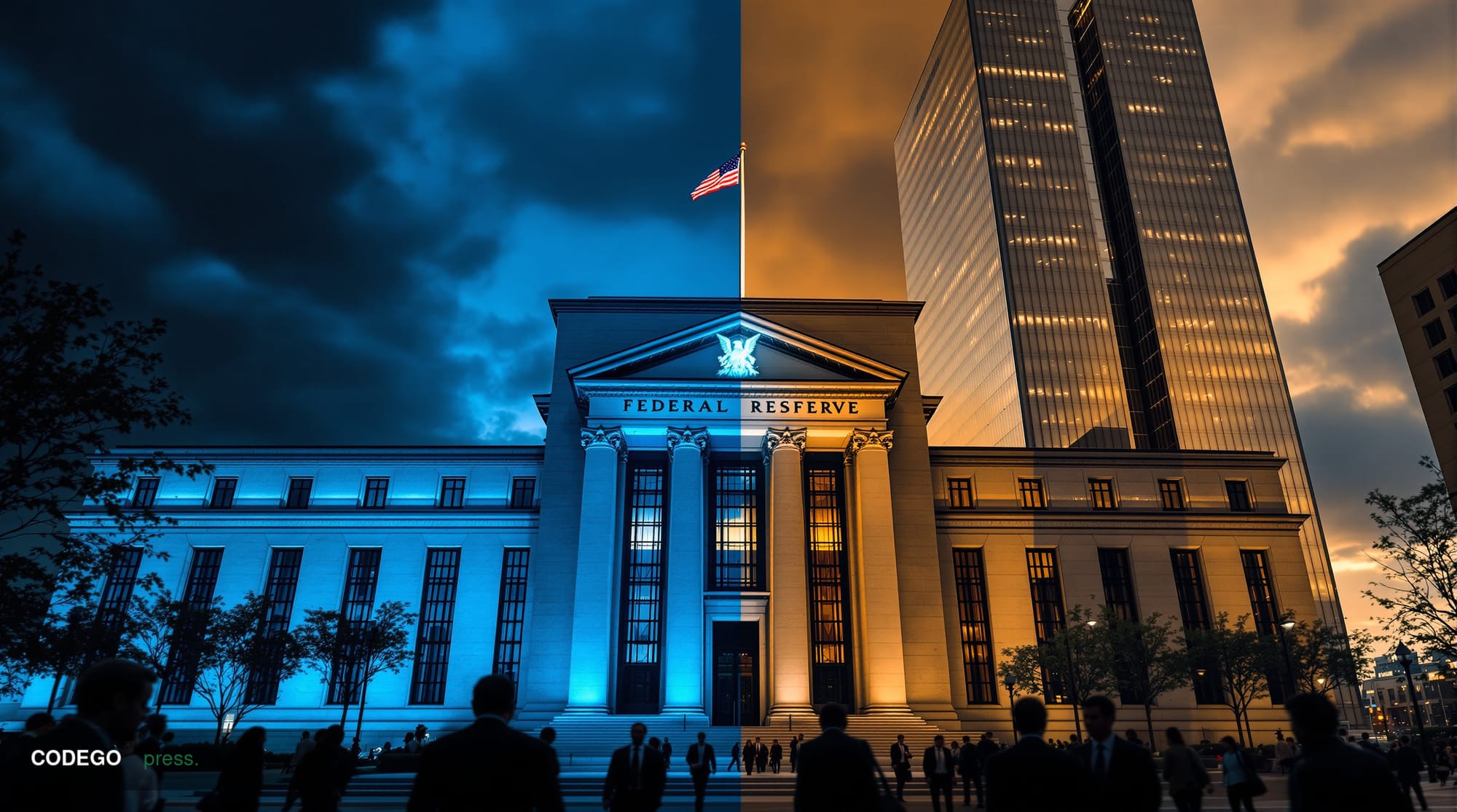 A dramatic split-screen architectural composition showing the stark contrast between regulated and unregulated financial sect